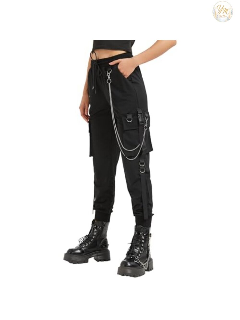 Women's Techwear Cargo Pants Loose Fit with Chains Goth High Waist Wide Leg